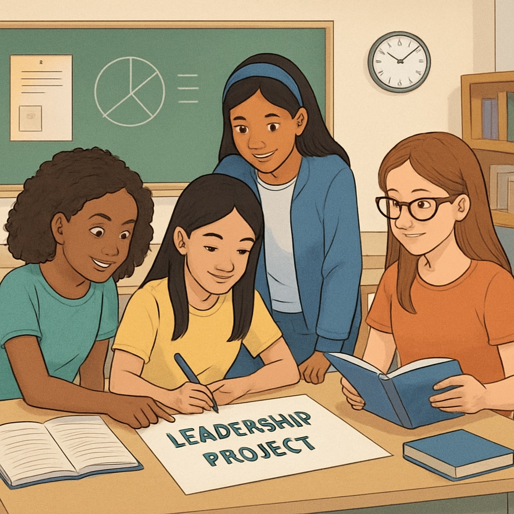 A group of diverse female students in a classroom setting, collaborating on a leadership project. This image highlights the importance of teamwork and collaboration in fostering leadership skills. Female students working together on a classroom leadership project
