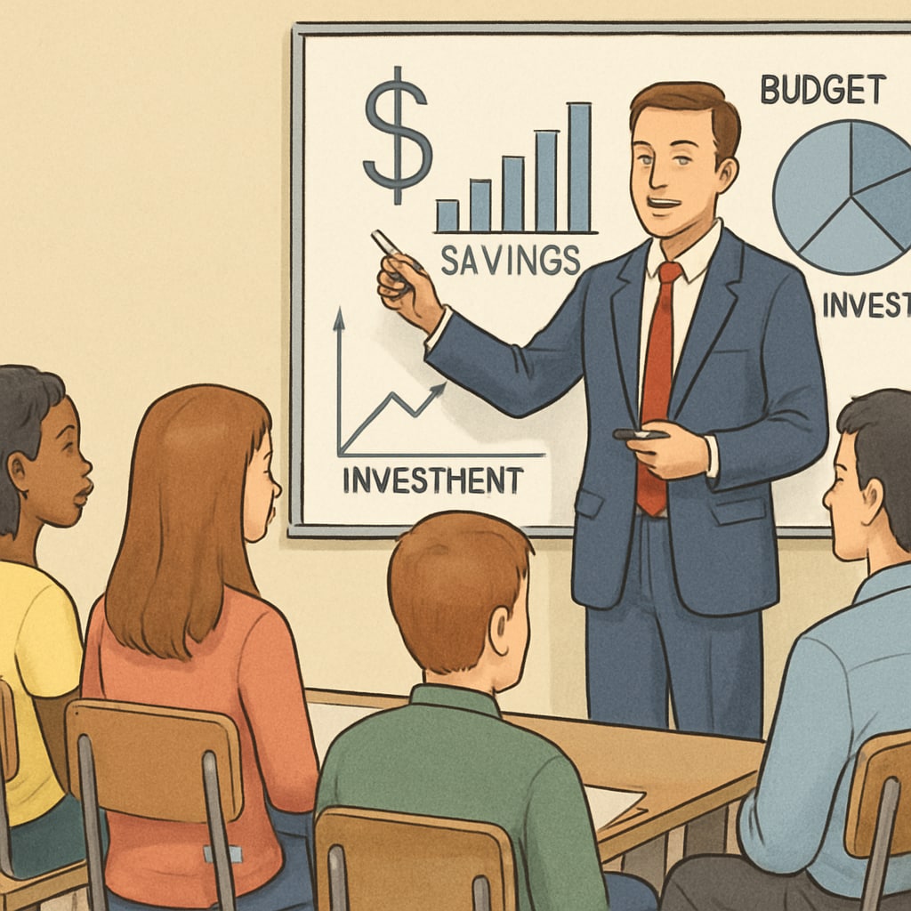 Students participating in a financial literacy workshop with a guest speaker from the finance industry. Students engaging in a financial education workshop, learning from an expert about career opportunities in finance and business analytics.
