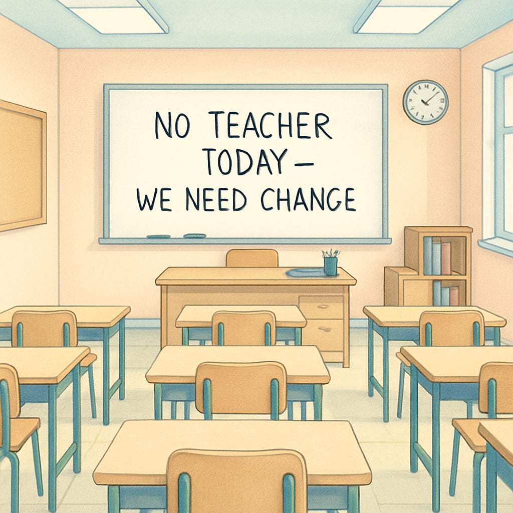 An empty classroom with a note on the whiteboard reading Empty classroom with a written note explaining teacher absence as part of a protest.
