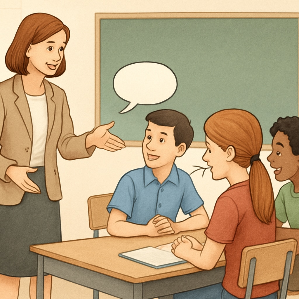 A teacher guiding students in a communication exercise, creating a collaborative learning environment. A teacher facilitating communication exercises in a classroom inspired by Sadhguru.