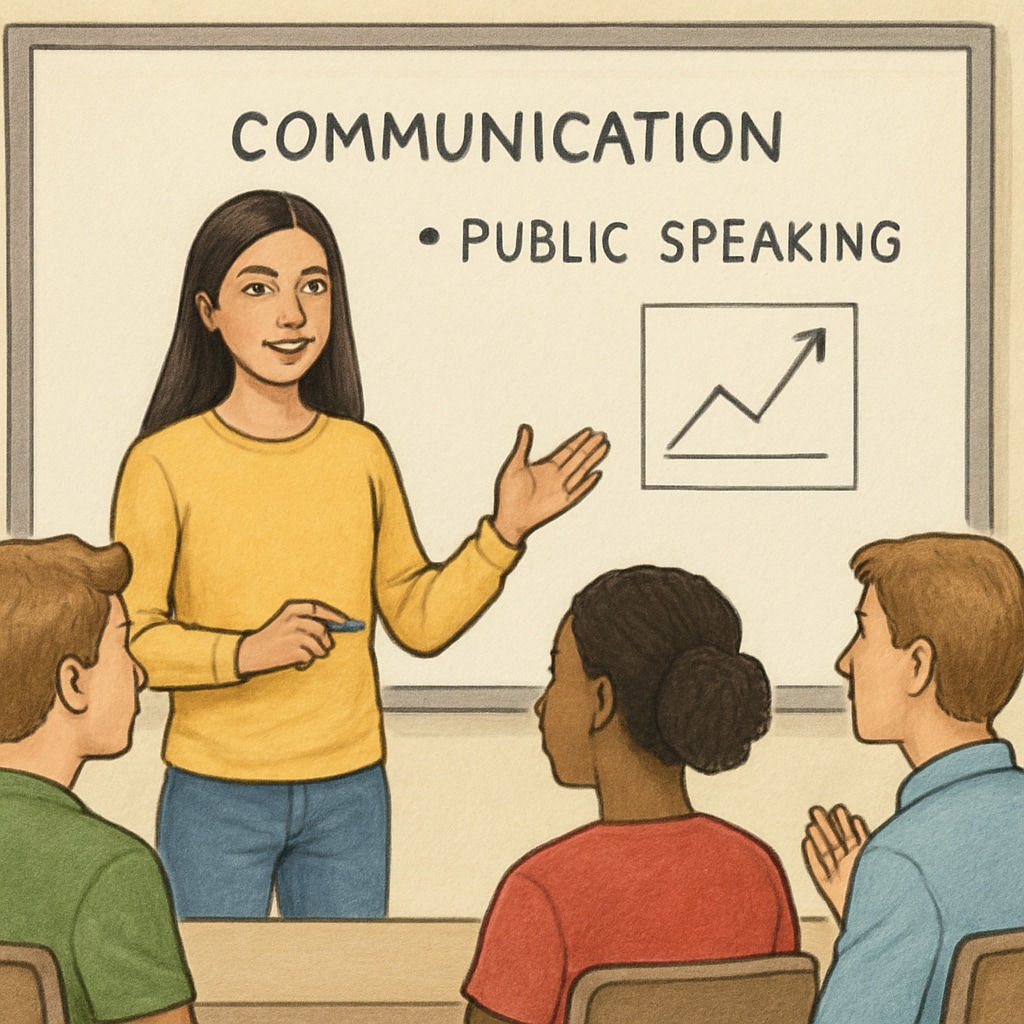 A female student confidently presenting her ideas to a group of peers during a classroom workshop. This image reflects the emphasis on communication and public speaking in leadership development. Female student presenting ideas in a classroom workshop