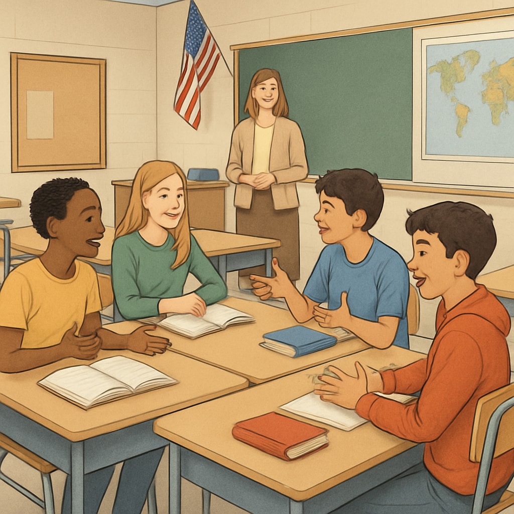 U.S. classroom with students engaged in creative group discussions.
