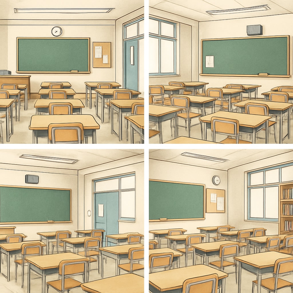 A group of empty classrooms symbolizing Teacherless Tuesday, with desks and chairs neatly arranged but no teachers or students present. Empty classrooms representing Teacherless Tuesday and teacher protests.