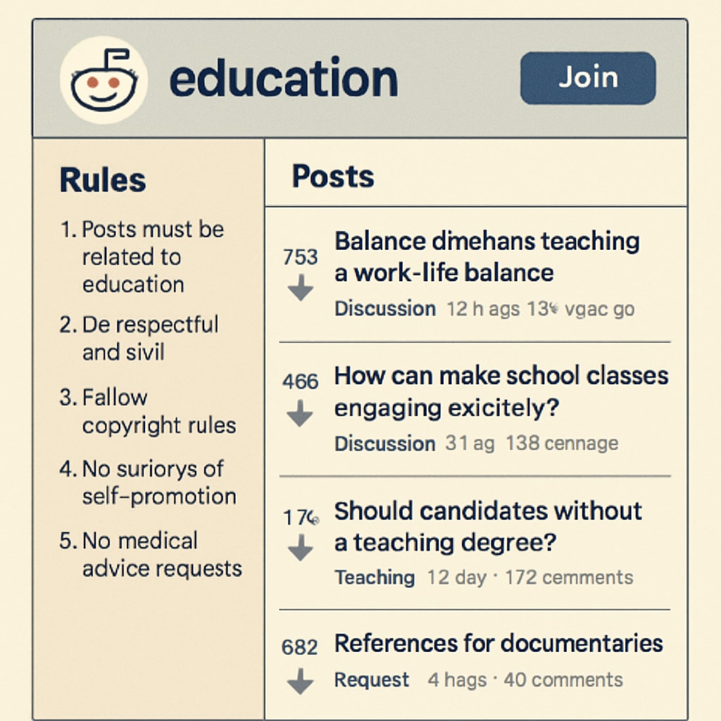 A screenshot of a popular education subreddit showing its rules section and active discussions. Reddit education subreddit rules and discussions.