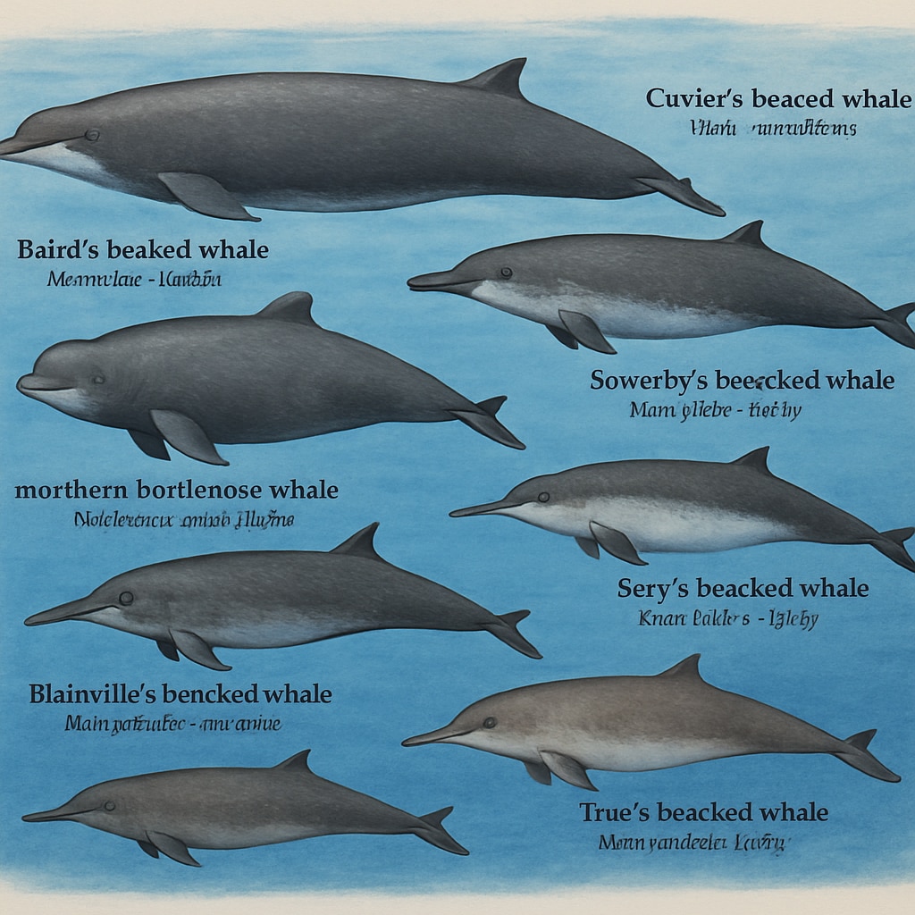 An artistic rendering of multiple beaked whale species swimming in their natural habitats, highlighting species diversity. Beaked whale species diversity illustrated in natural ocean environments.