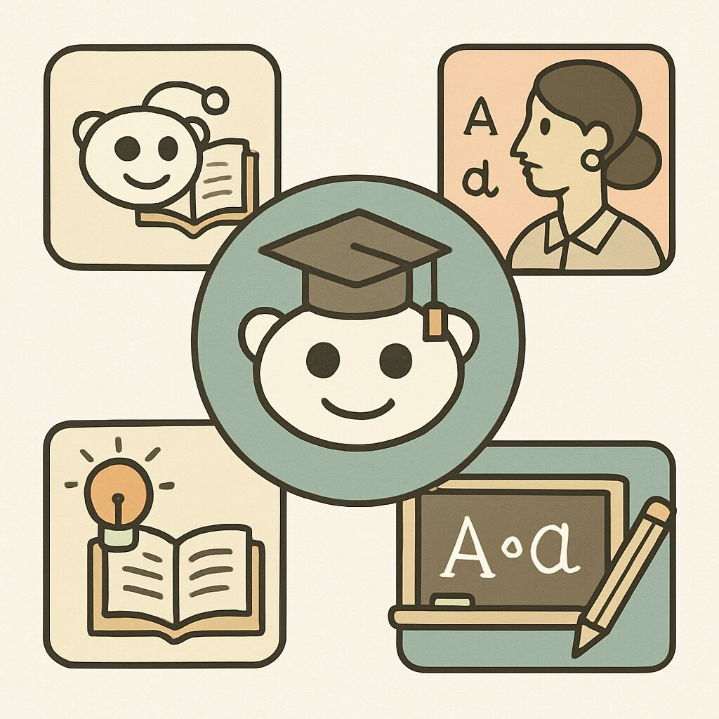 A collage of logos from popular education-focused subreddits such as r/education, r/Teachers, and r/teachingresources. Logos of education subreddits on Reddit.