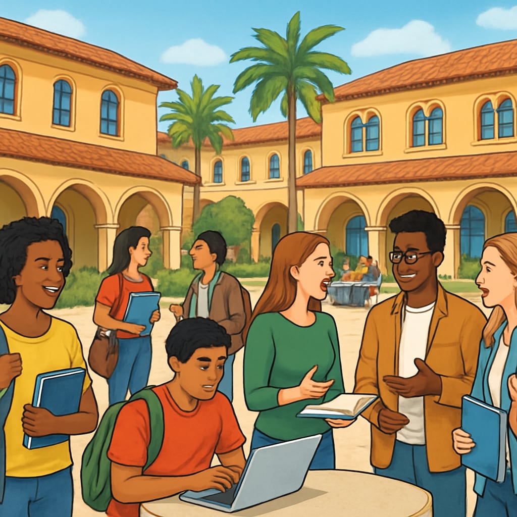 A bustling Spanish university campus with diverse students engaging in discussions, reflecting academic and cultural diversity. Spanish university campus with international students discussing coursework