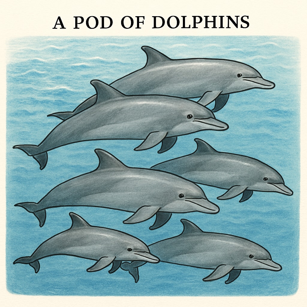 A pod of dolphins swimming in the ocean, illustrating their social behavior and streamlined bodies. Dolphins swimming in the ocean, showcasing their social nature.