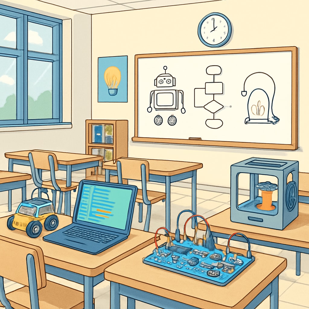 High school STEM classroom with robotics and coding tools.