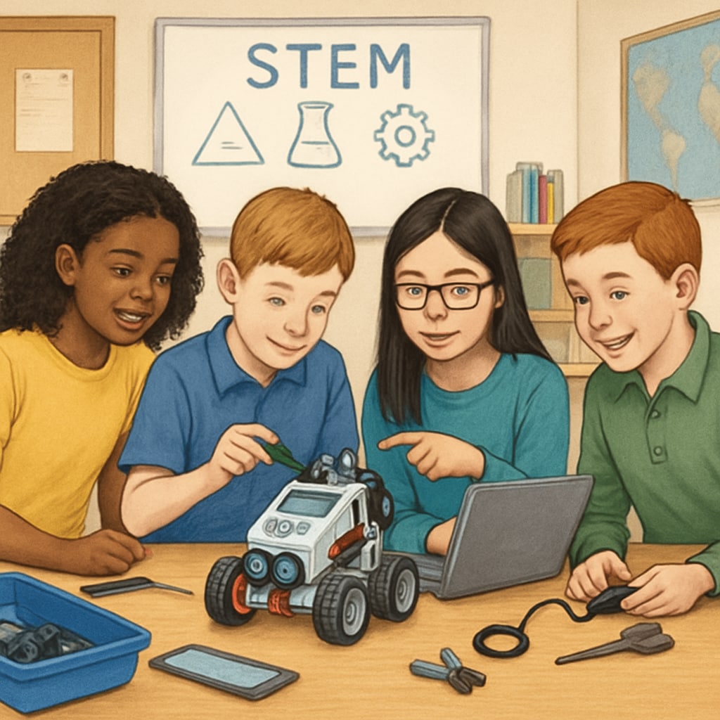 Students participating in a STEM activity in a K12 classroom, building and programming a small robot. K12 students working on robotics projects during a hands-on STEM activity.