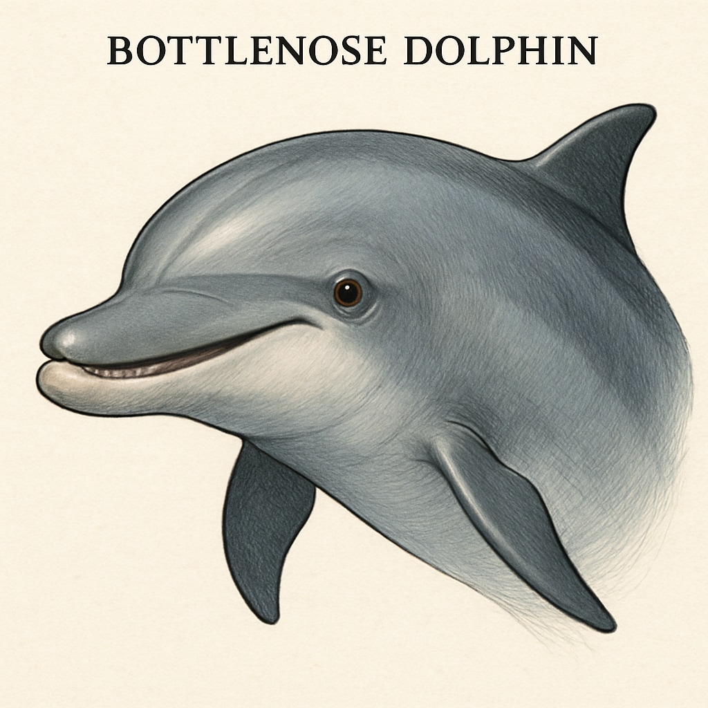 A close-up of a bottlenose dolphin, highlighting its distinct curved mouth and friendly appearance. Bottlenose dolphin close-up, emphasizing its iconic