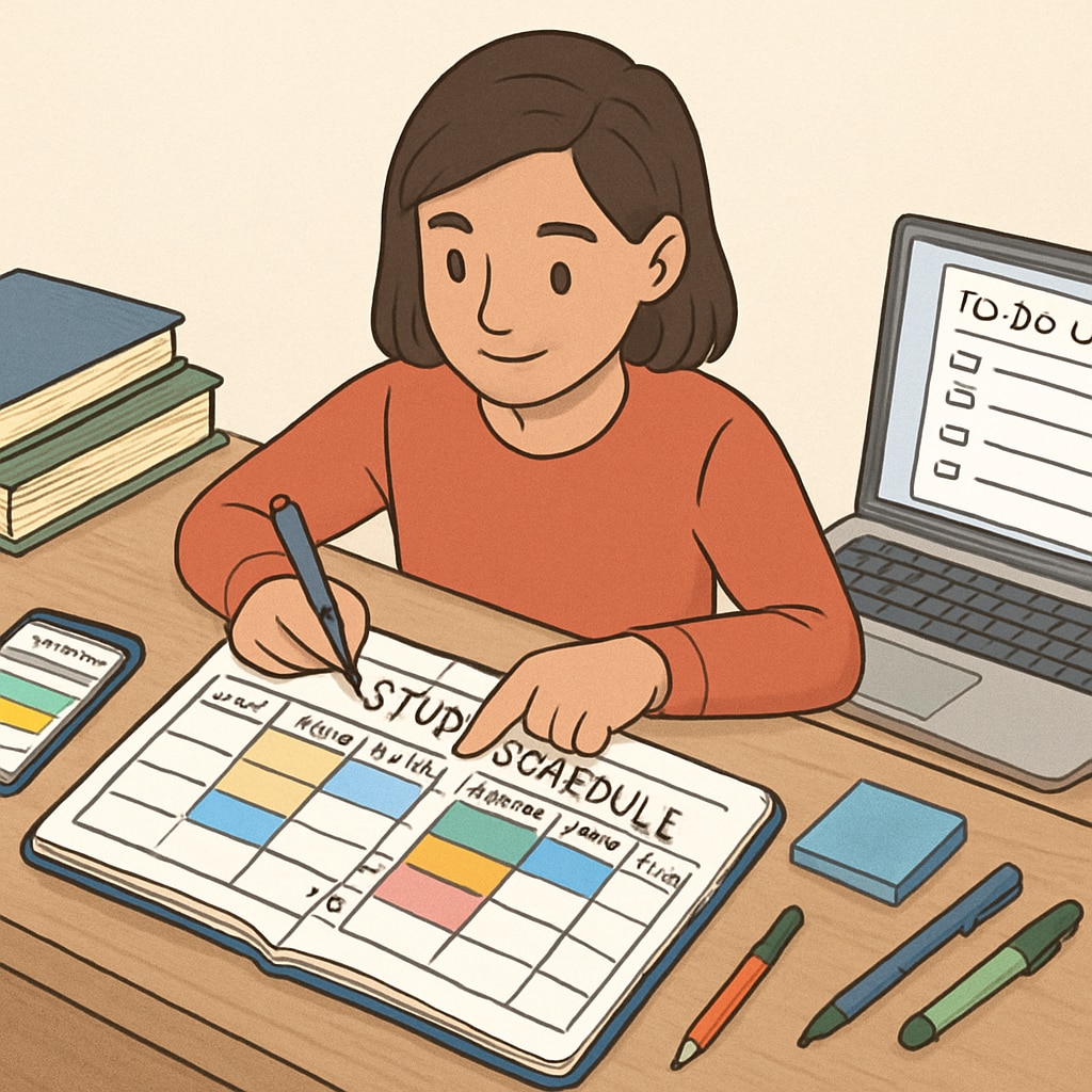 A student using a planner and digital tools to organize their study schedule, emphasizing time management. A student planning their study schedule with a focus on time management for balancing dual degrees.