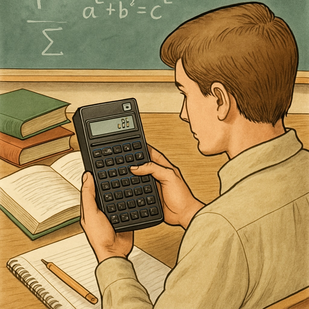 A vintage HP RPN calculator being used by a student in a classroom setting. RPN calculator in use, demonstrating input efficiency in a classroom.