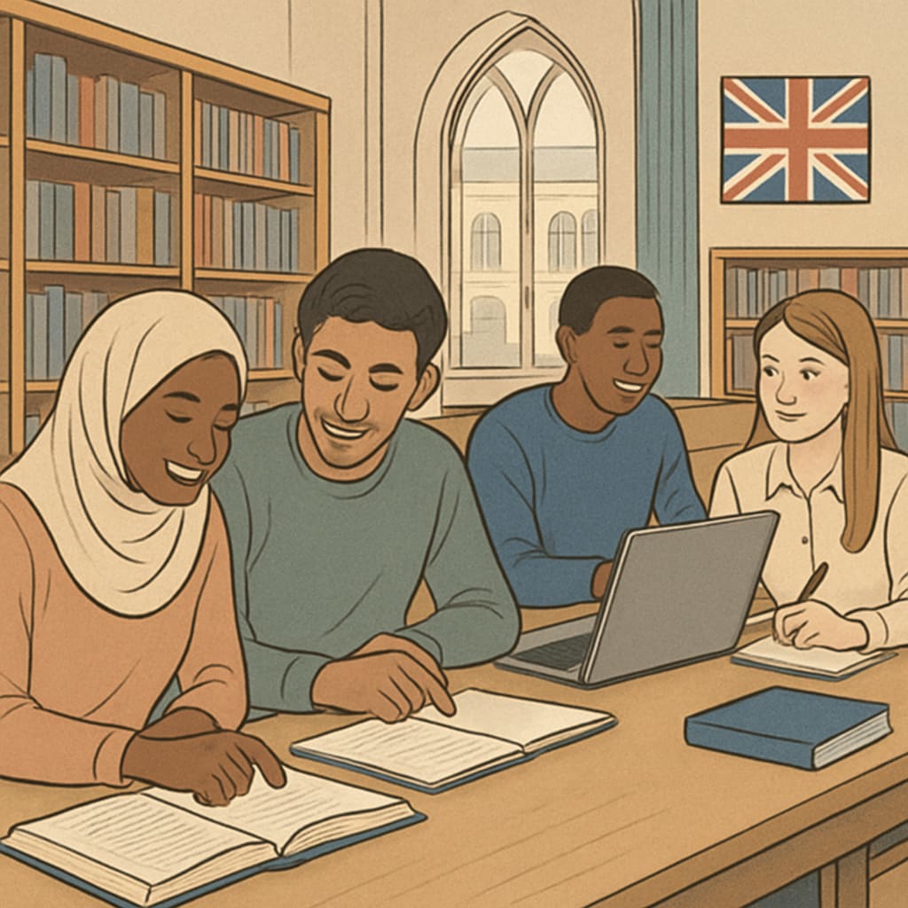 Diverse students studying in a UK university library, representing migrant student challenges.