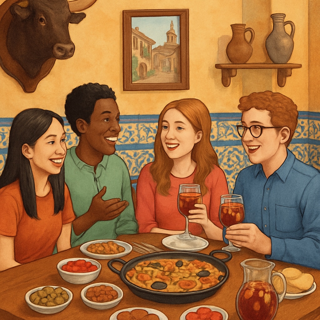 International students experiencing Spanish culture through local cuisine.