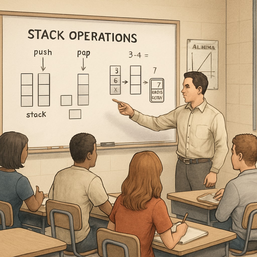 A teacher explaining stack-based operations using an RPN calculator in a high school math class. Classroom demonstration of RPN calculator benefits for math education.
