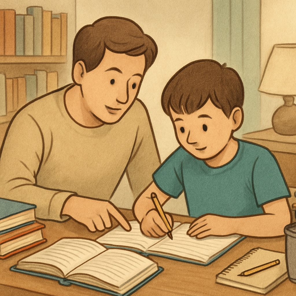 A parent helping their child study at home, representing the implications of teacher protests on family routines Parent and child studying at home due to Teacherless Tuesday,教师抗议,集体请假(英文)