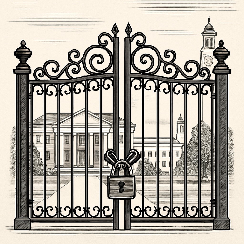 A closed gate in front of a university campus, symbolizing barriers for migrant students.
