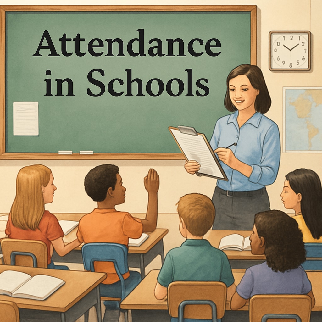 A classroom with a teacher taking attendance, illustrating the importance of attendance policies in schools. A teacher marking attendance in a classroom, relevant to strict attendance policies.