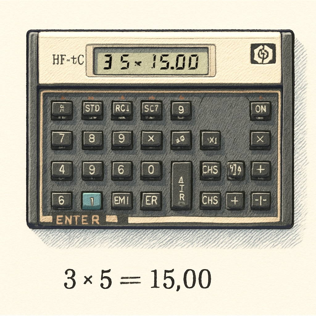 An HP 11c calculator showing its RPN functionality, with a mathematical operation displayed on the screen. HP 11c calculator demonstrating RPN logic during a math calculation.