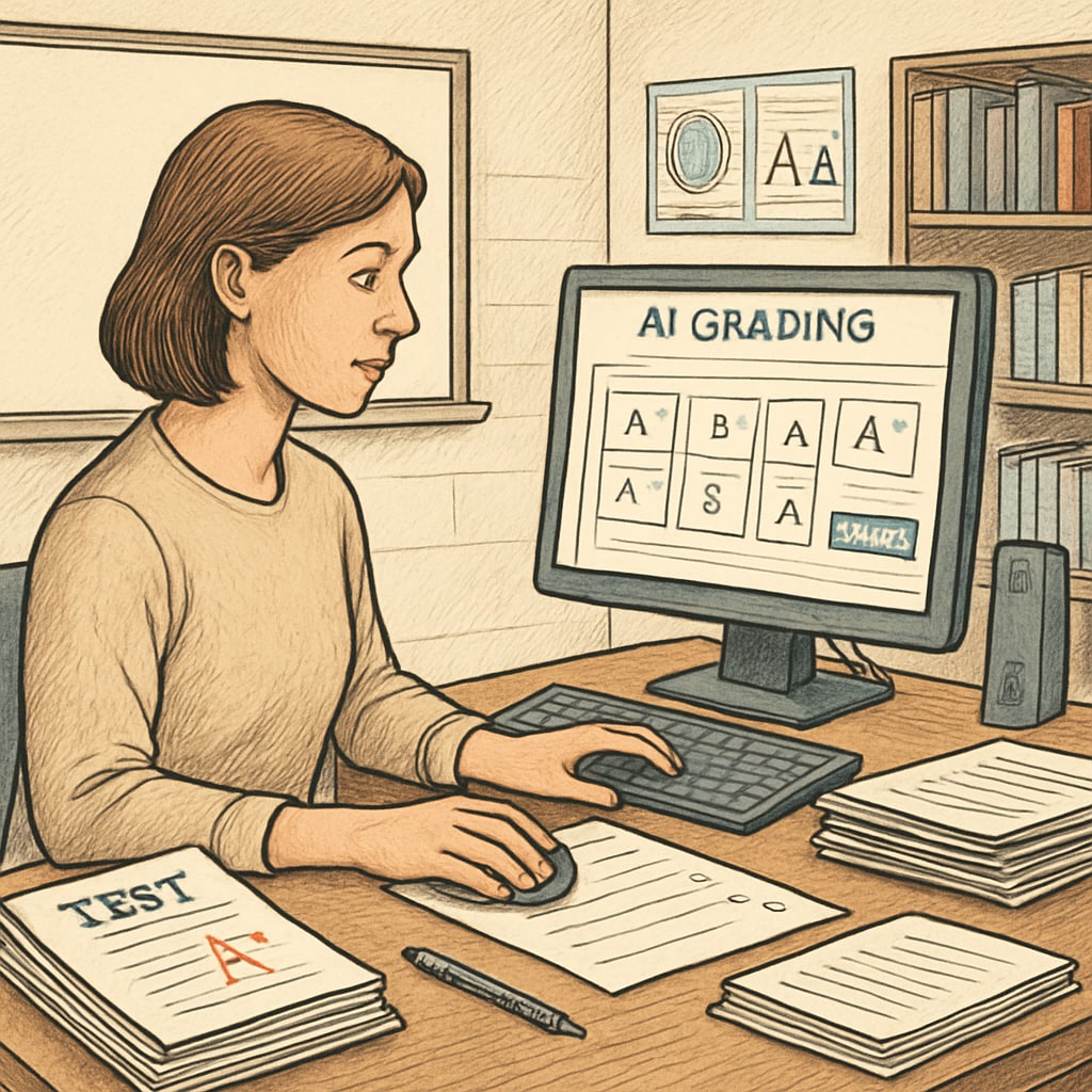 An AI-powered classroom tool being used by a teacher to automate grading tasks AI education tool reducing teacher workload by automating grading tasks