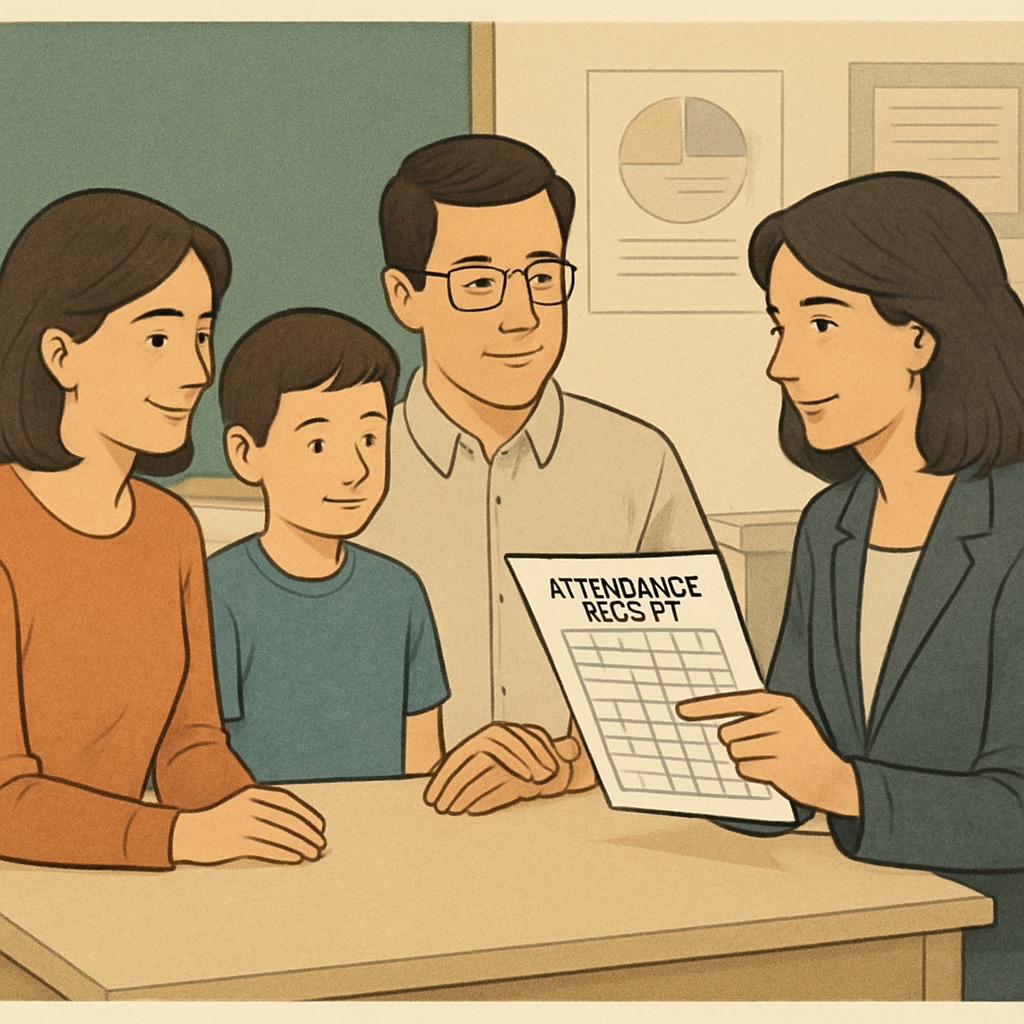 A family and teacher discussing a student's attendance record, symbolizing collaboration between schools and parents. A teacher meeting with parents about a student's attendance, emphasizing parental involvement.