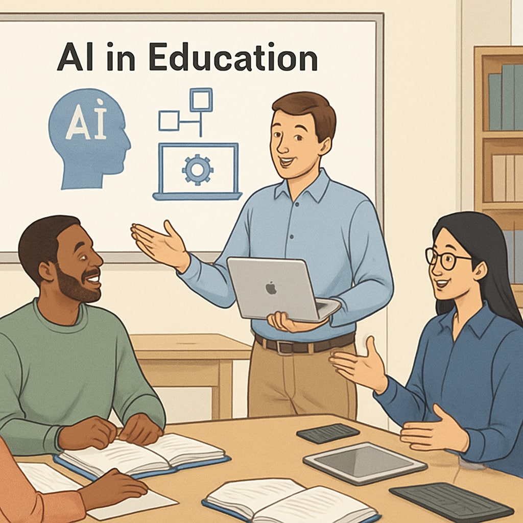 Teachers participating in a professional development workshop on AI tools in education Teachers learning about AI tools to improve education efficiency