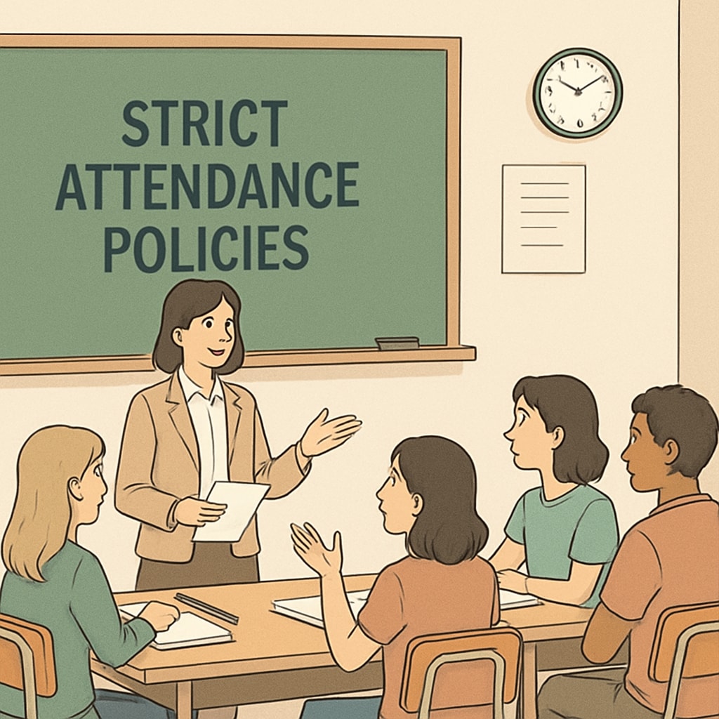 A classroom with students and a teacher discussing attendance policies, representing the debate around strict rules in K12 education. Students and teacher debating strict attendance policies in K12 education.
