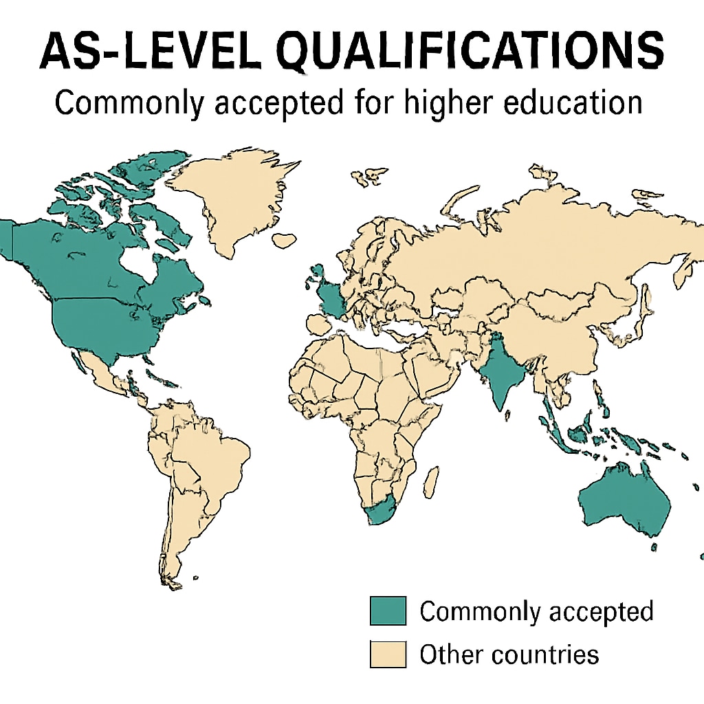 A global map highlighting countries where AS-level qualifications are commonly accepted for higher education. Map showing AS-level acceptance regions for university admissions.