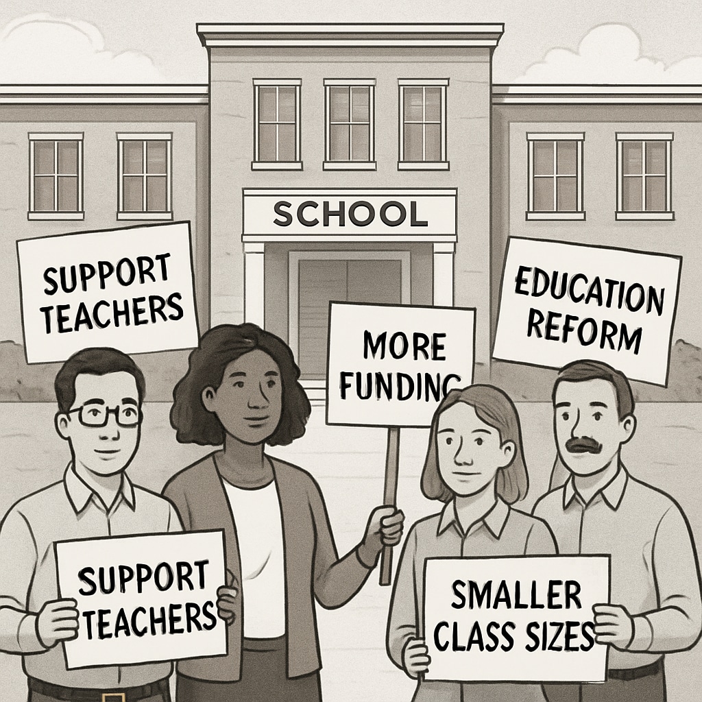 A group of teachers holding protest signs outside a school, advocating for education reform. Teachers protesting outside a school as part of Teacherless Tuesday.