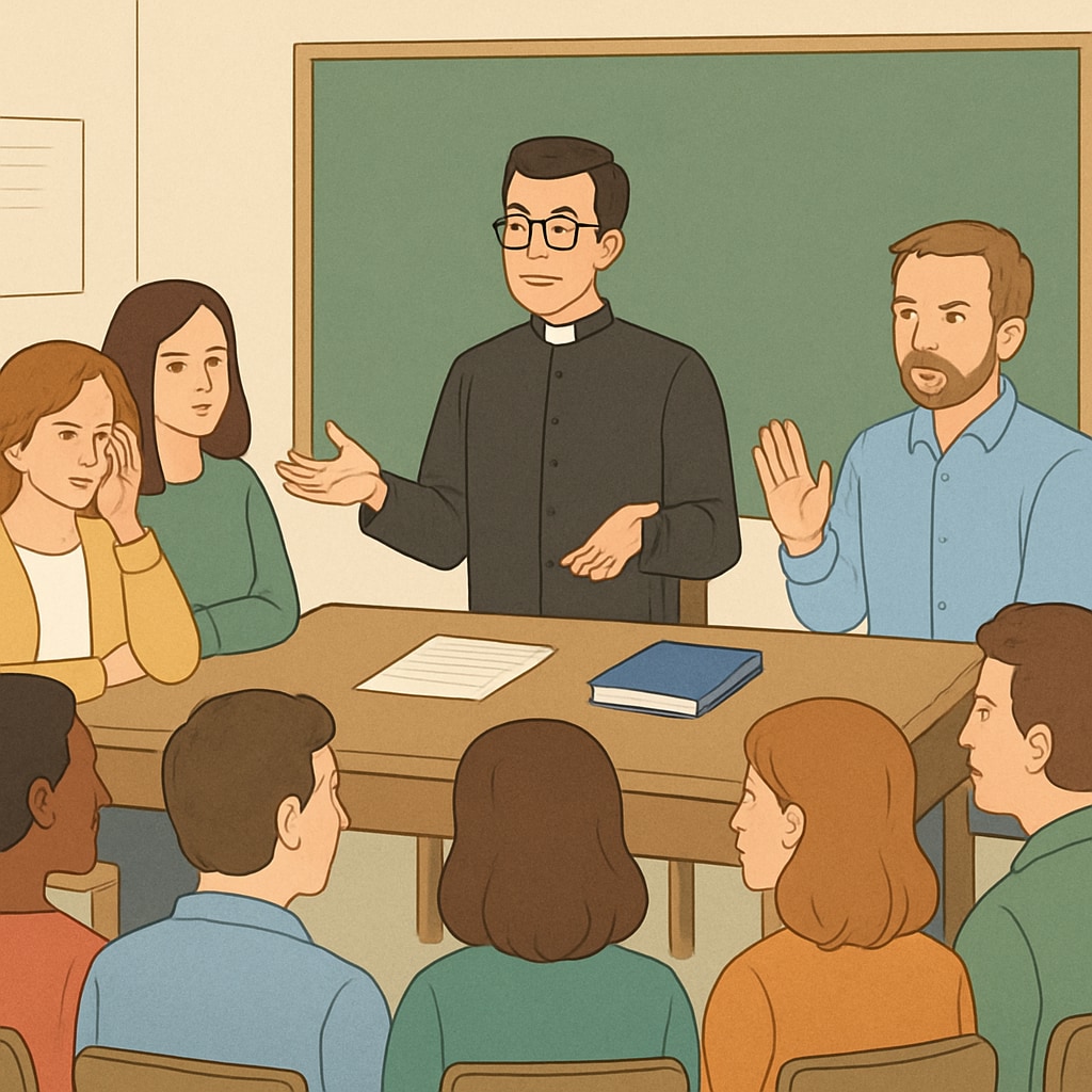 An illustration of a school meeting involving a religious representative discussing attendance issues, highlighting the debate over external intervention. School meeting with religious representative discussing attendance issues.