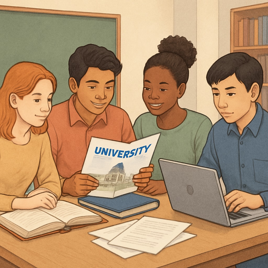 A diverse group of international students researching university options together. International students exploring affordable university opportunities for AS-level graduates.