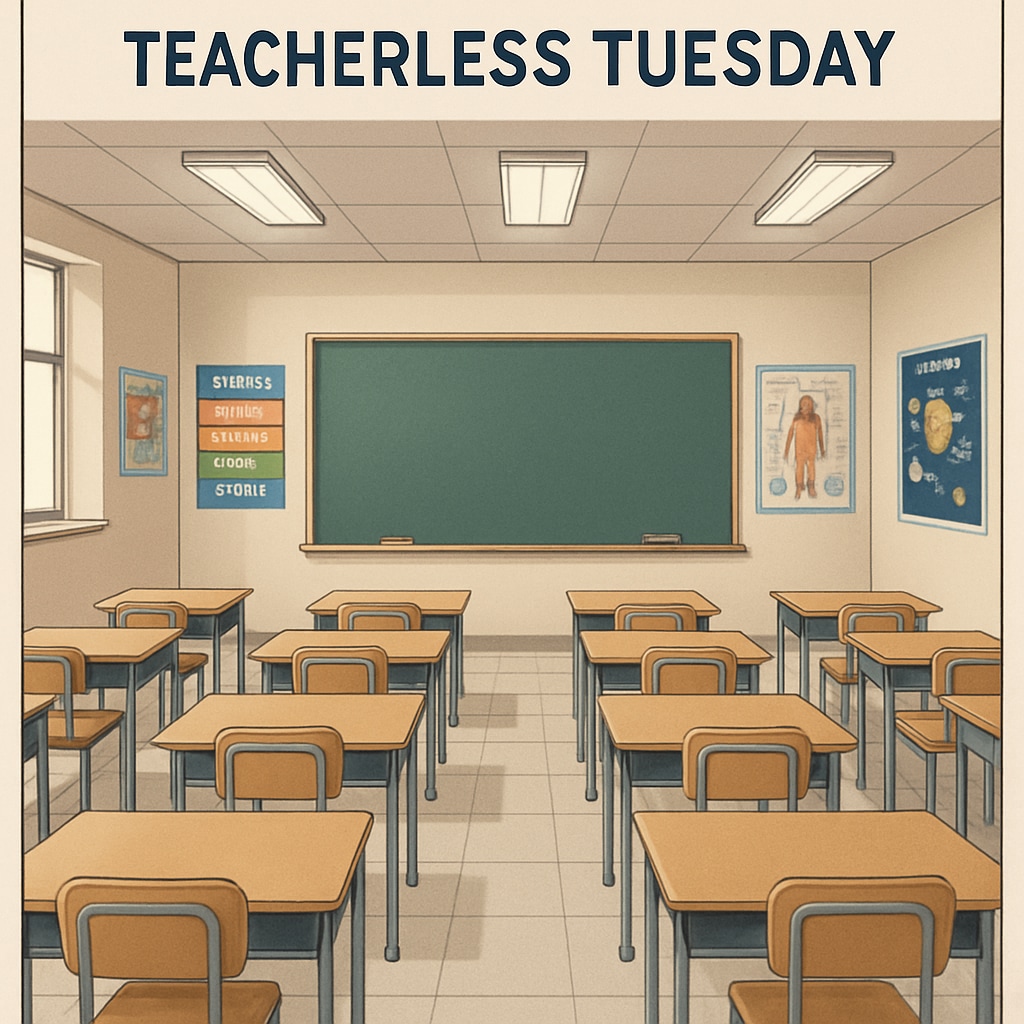 An empty classroom with desks and chairs, symbolizing the absence of teachers during Teacherless Tuesday. An empty classroom representing Teacherless Tuesday's impact.