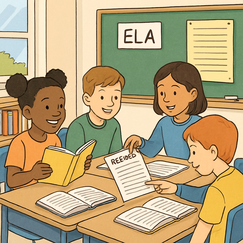 A classroom setting where students are engaged in group reading activities, focusing on ELA teaching materials like books and worksheets. Fifth-grade students participating in group reading activities with ELA teaching materials.