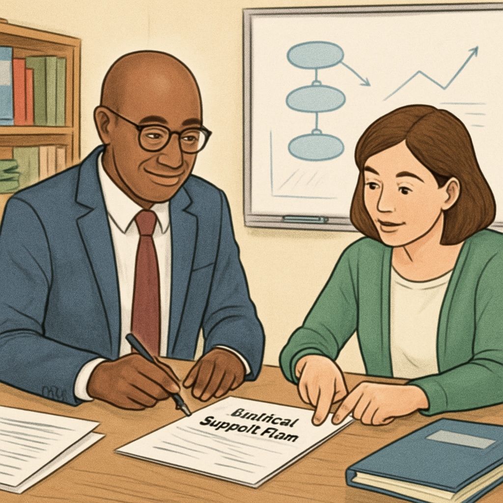 A school administrator working with a teacher on a student support plan in an office setting. School administrator collaborating with a teacher in an office.