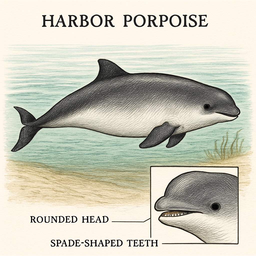 A harbor porpoise swimming in shallow coastal waters, showcasing its rounded head and spade-shaped teeth. Harbor porpoise swimming in shallow coastal waters, an example of marine species taxonomy.