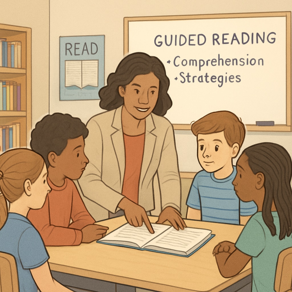 A teacher conducting a guided reading session with fifth-grade students, focusing on a shared text and comprehension strategies. Teacher leading a guided reading session for fifth-grade students to enhance comprehension.