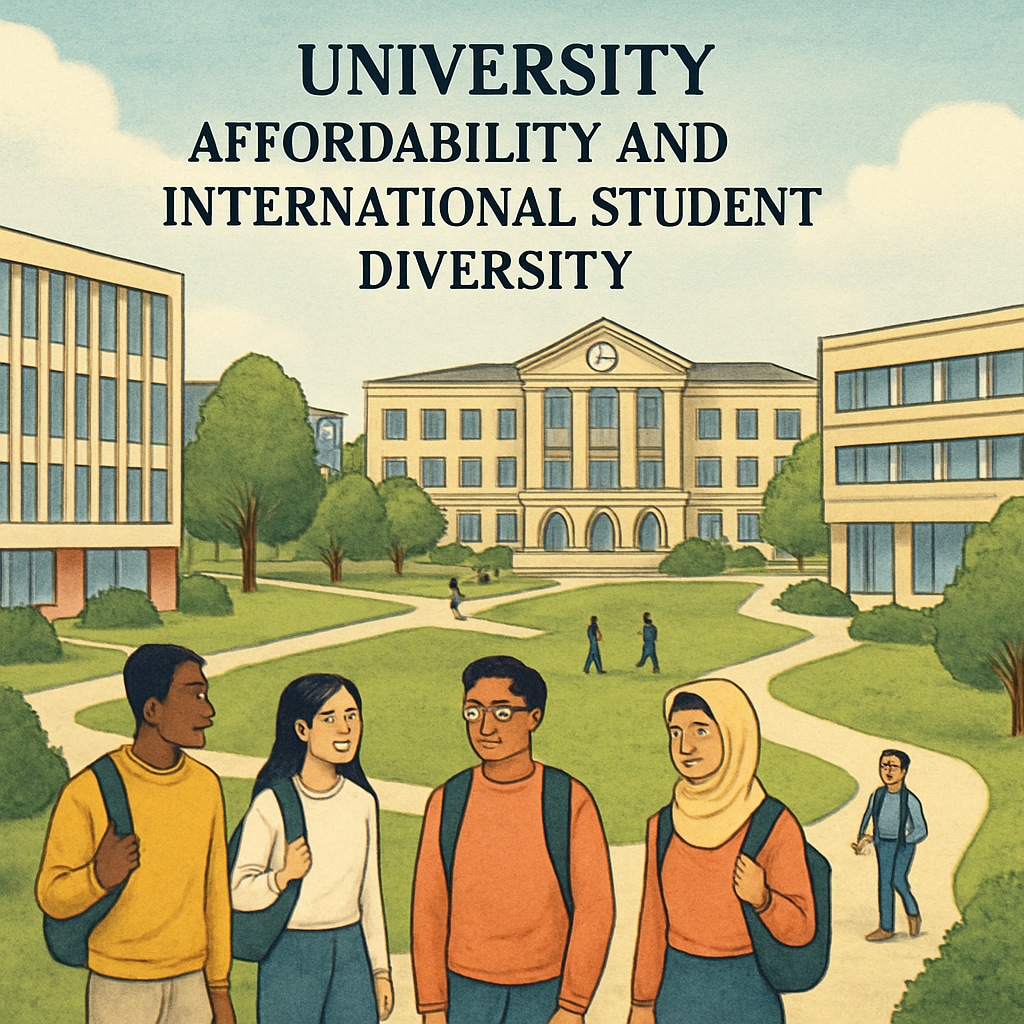 An overview of a university campus known for affordable tuition fees and international student diversity. Affordable university campus with international students.