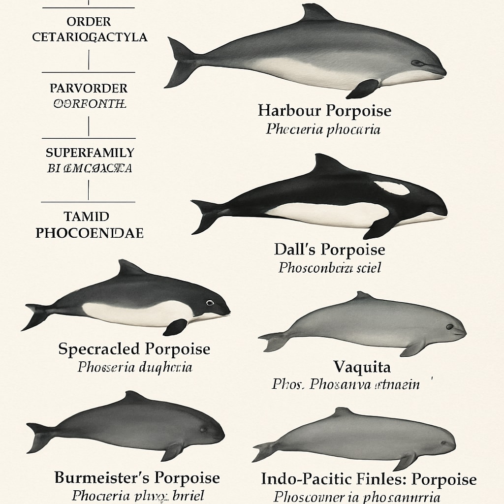 An illustrated taxonomy chart of porpoises, highlighting their classification within the family Phocoenidae. Taxonomy chart of porpoises showing classification within marine mammals.