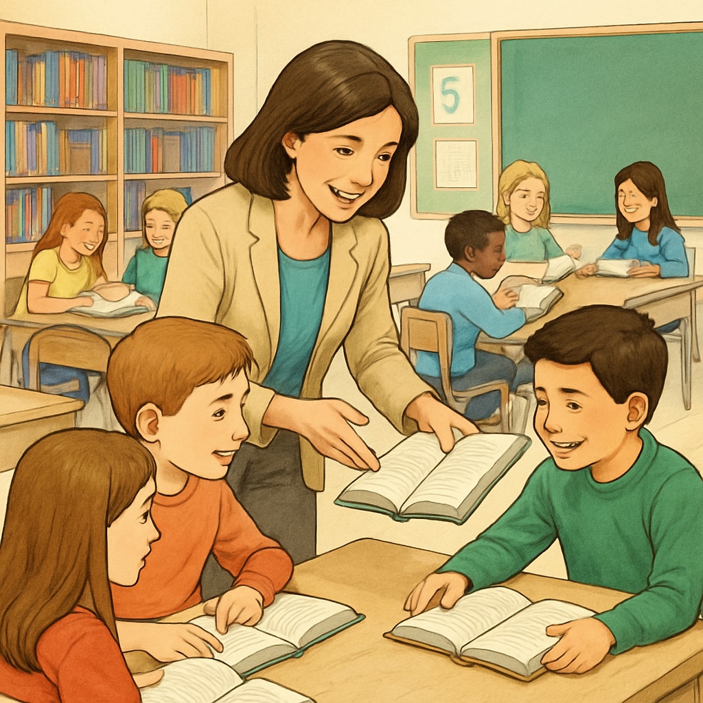 A classroom setting with a teacher facilitating group reading activities, encouraging engagement among fifth-grade students. Teacher leading group reading activities in a fifth-grade ELA classroom