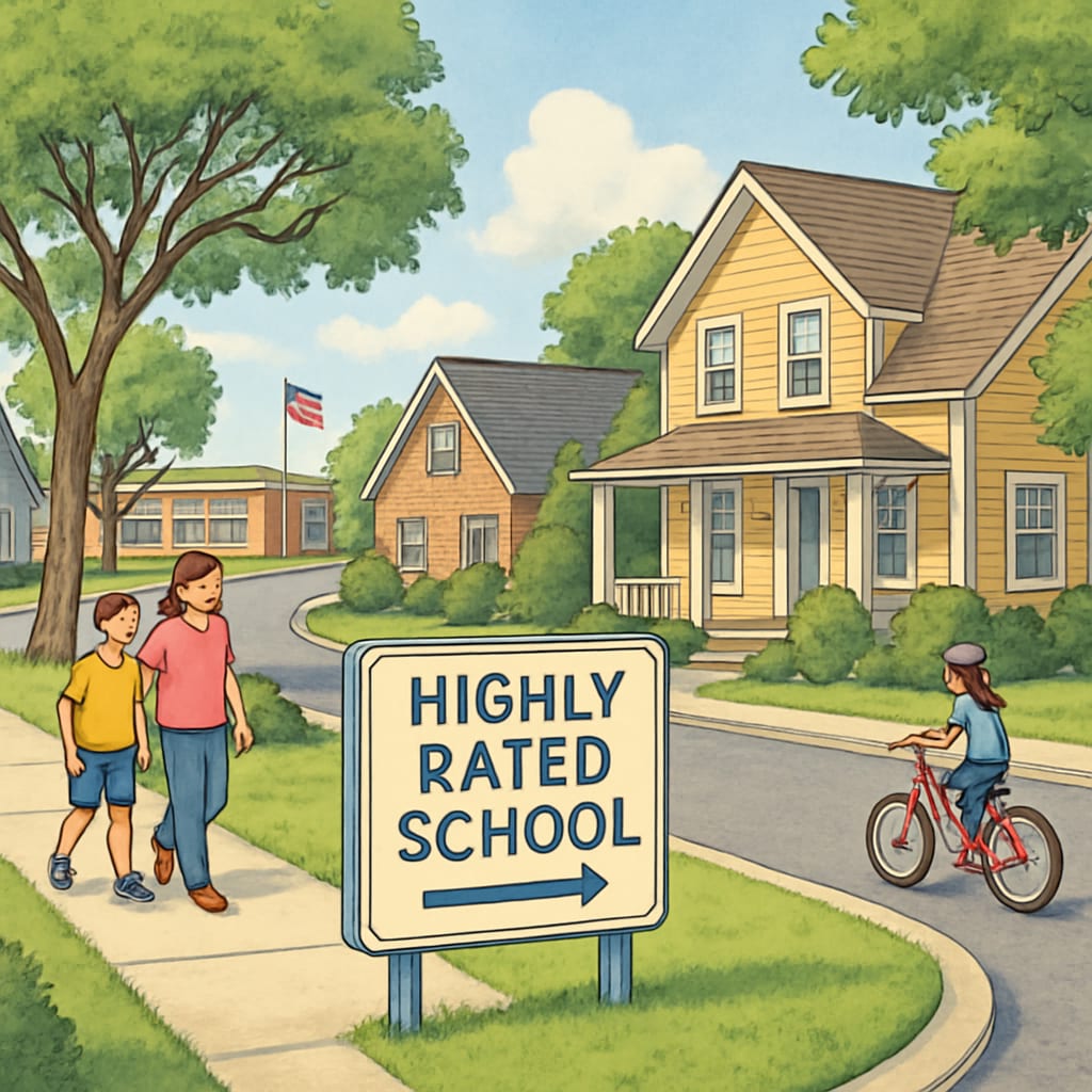 A suburban neighborhood featuring family-friendly homes and proximity to highly rated schools. This image highlights the appeal of living in top school districts. Suburban homes near highly rated schools, emphasizing the connection between school district rankings and property values.