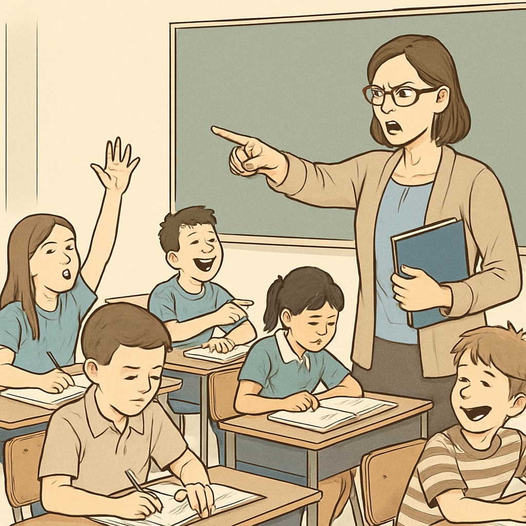 A classroom with a teacher managing a group of students, some of whom appear engaged while others are disruptive. A teacher maintaining classroom order, highlighting the effects of disruptive students.