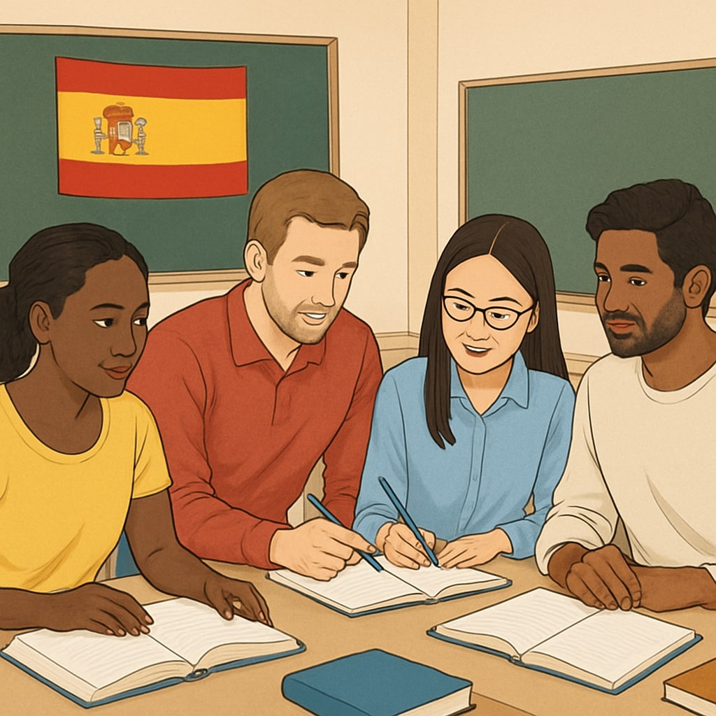 International students in a classroom in Spain, showcasing cultural diversity and teamwork.