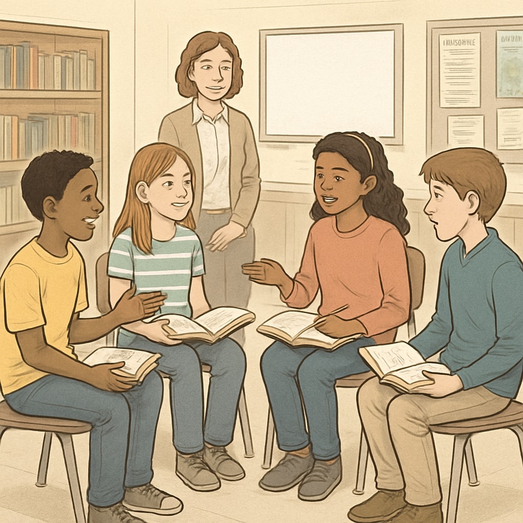A group of fifth-grade students participating in a literature circle discussion, exchanging ideas about a book. Fifth-grade students discussing a book in a literature circle