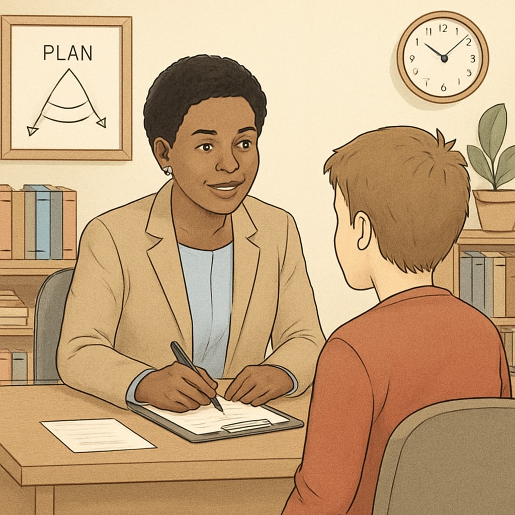 A school counselor working one-on-one with a student in a quiet setting. A school counselor addressing the needs of a disruptive student through tailored intervention.