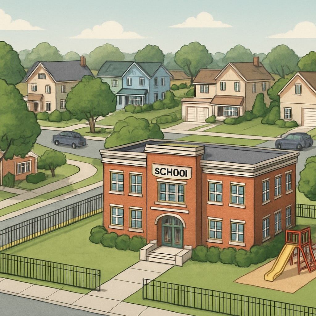 A suburban neighborhood with high-rated schools, showing a balance of family-friendly homes and school facilities. Suburban homes near highly rated schools, illustrating the connection between real estate and education.