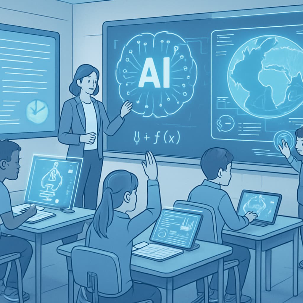 A futuristic classroom with students learning in a digitally enhanced environment, emphasizing AI integration in education. A futuristic classroom with students learning in a digitally enhanced environment, related to AI and education.