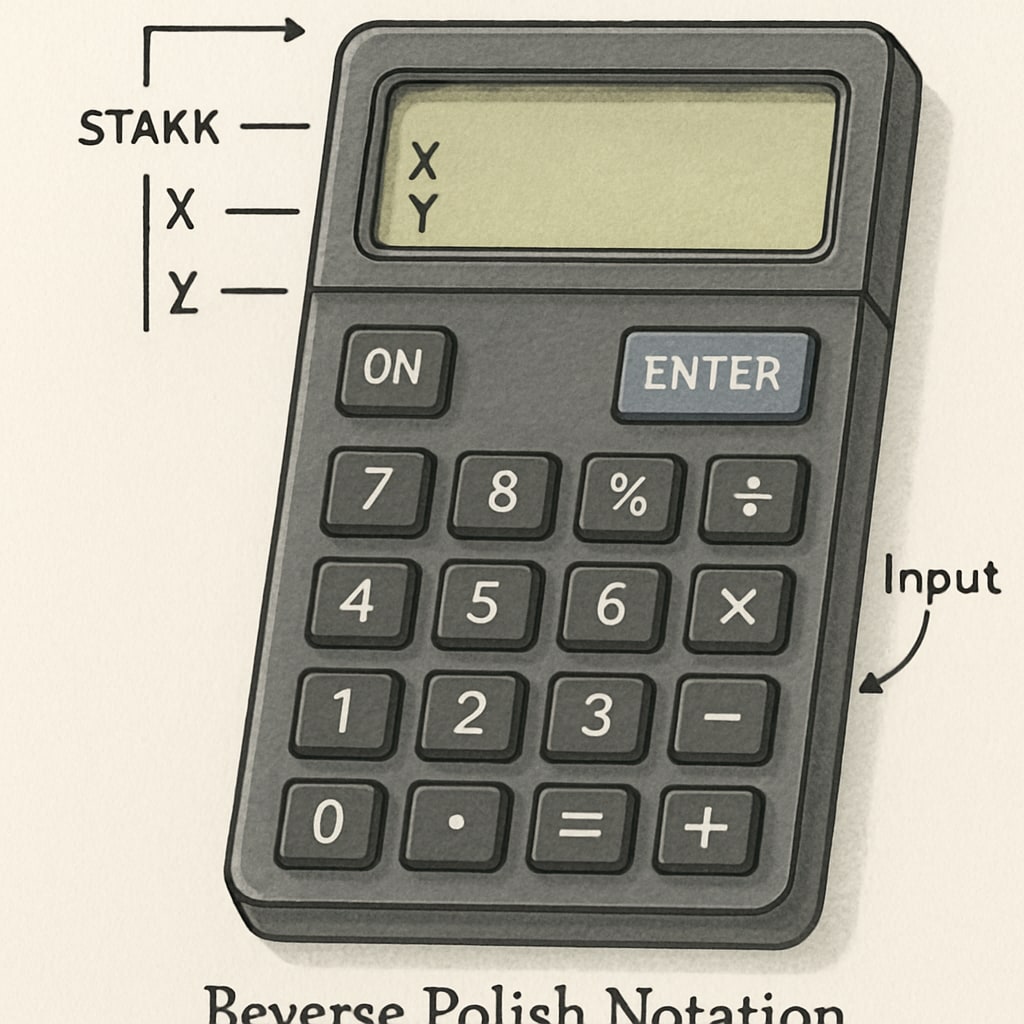 A demonstration of an RPN calculator showcasing its interface and unique input method. RPN calculator interface highlighting reverse Polish notation input method.