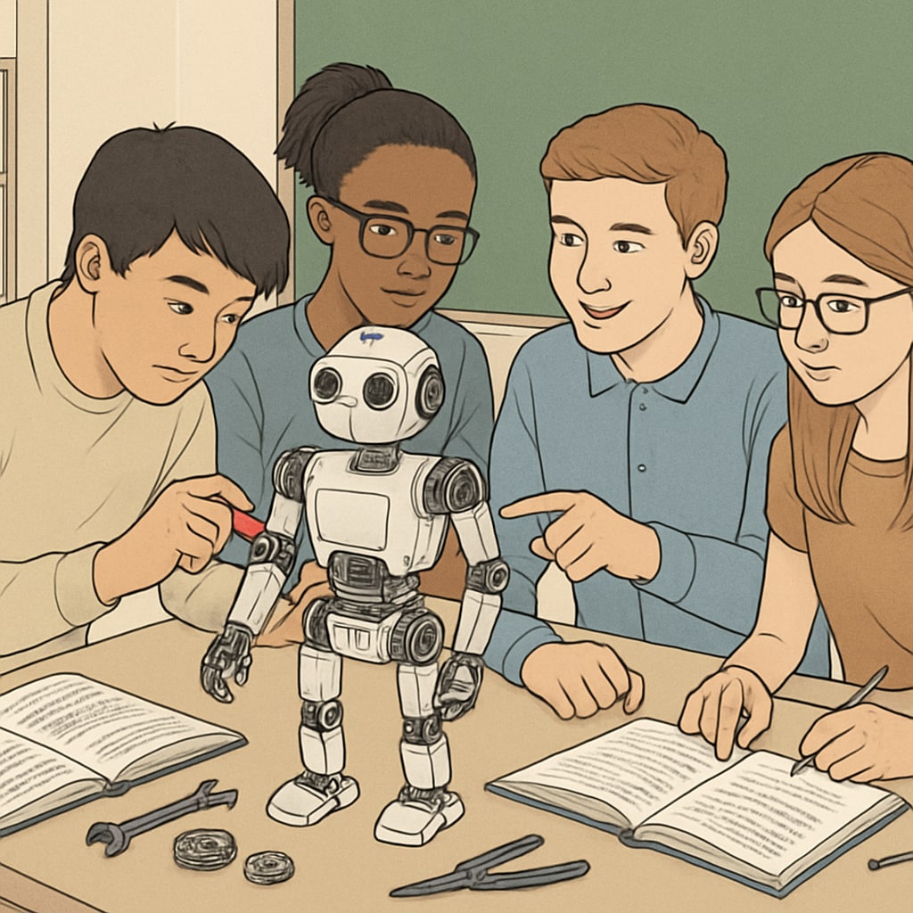 Students engaging in a collaborative robotics project, demonstrating hands-on learning and teamwork skills. Students participating in a robotics project, showcasing skills relevant to AI-driven education and careers.
