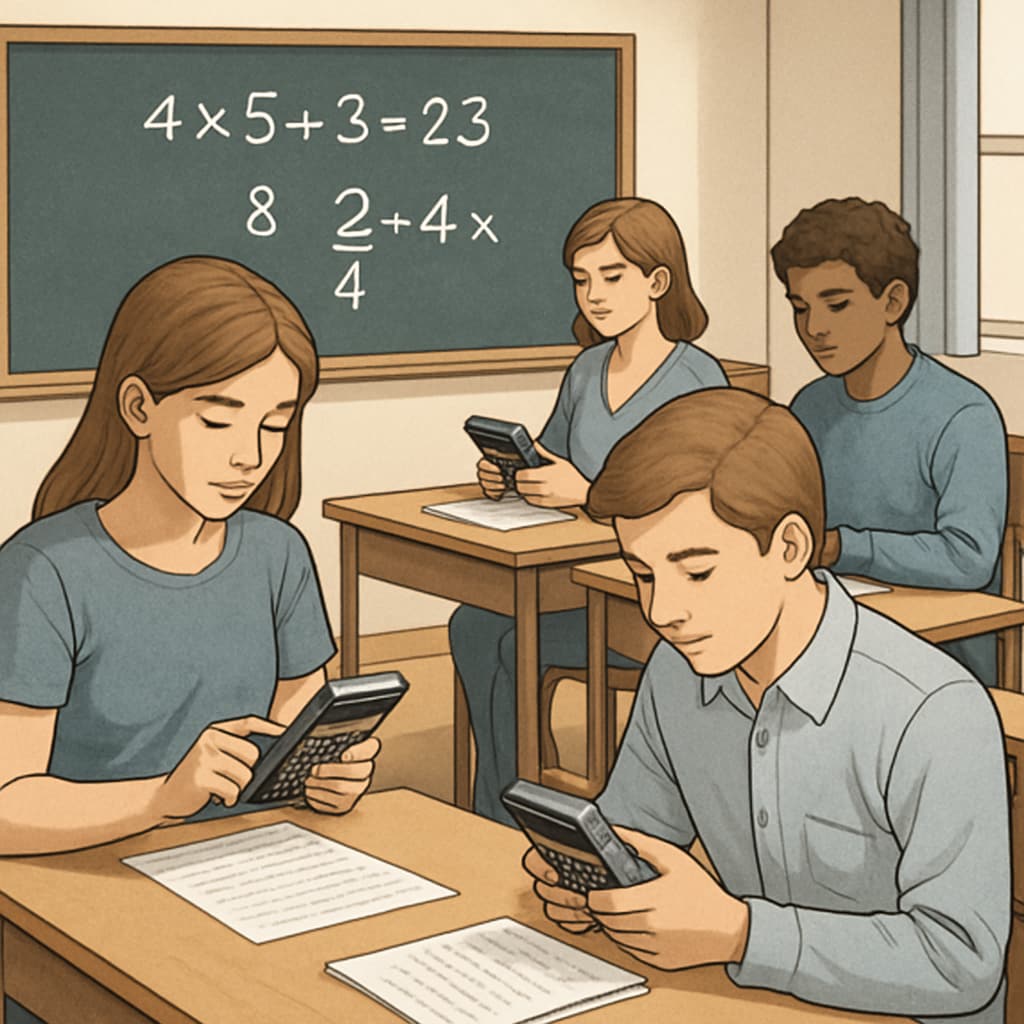 A classroom setting where students are actively using RPN calculators to solve mathematical problems. Students using RPN calculators in a K12 classroom setting.